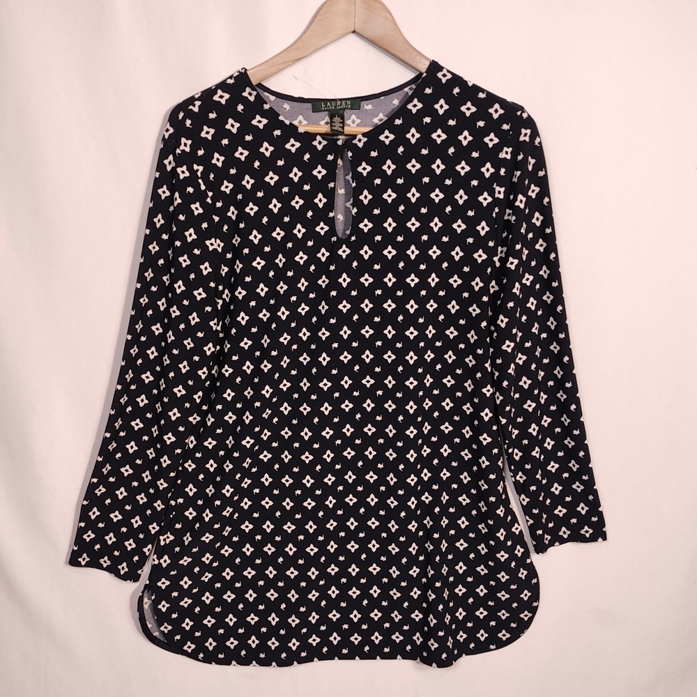 Lauren Ralph Lauren Top Women's Large Navy Blue Geometric Keyhole Knit